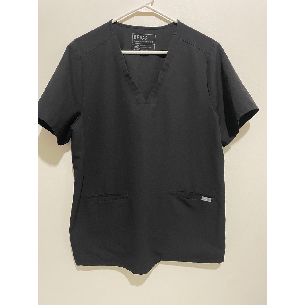 FIGS Technical Collection Black V-Neck Scrub Top Women XL Short Sleeve Pockets